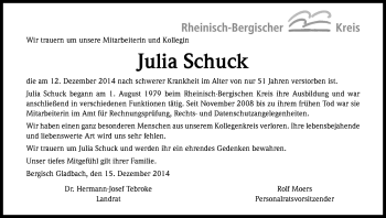 Anzeige von Julia Schuck von Kölner Stadt-Anzeiger / Kölnische Rundschau / Express
