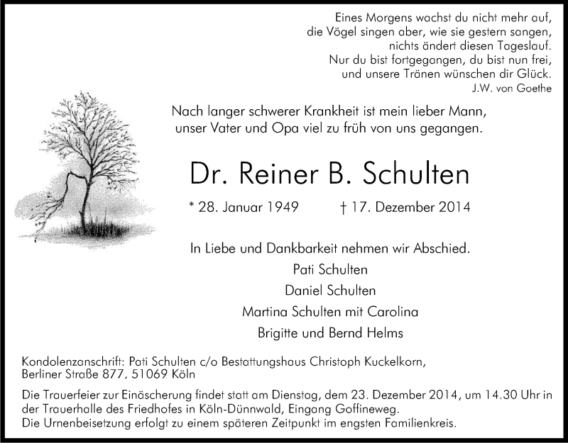  Traueranzeige für Reiner Schulten vom 20.12.2014 aus Kölner Stadt-Anzeiger / Kölnische Rundschau / Express