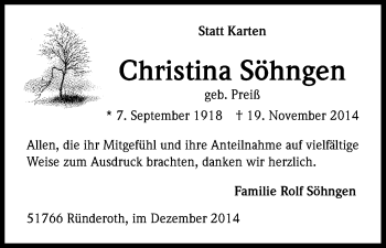 Anzeige von Christina Söhngen von Kölner Stadt-Anzeiger / Kölnische Rundschau / Express