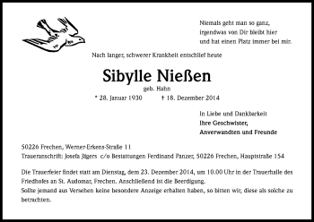 Anzeige von Sibylle Nießen von Kölner Stadt-Anzeiger / Kölnische Rundschau / Express