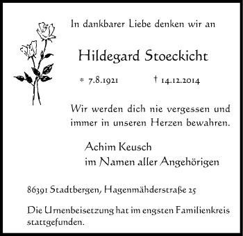 Anzeige von Hildegard Wilhelmine Stoeckicht von Kölner Stadt-Anzeiger / Kölnische Rundschau / Express