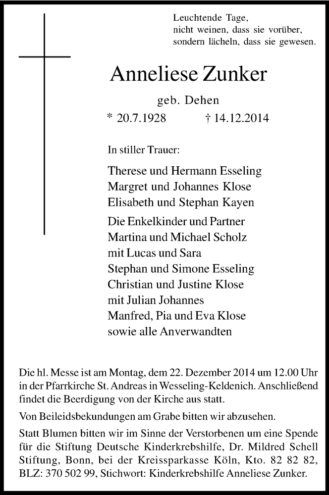  Traueranzeige für Anneliese Zunker vom 20.12.2014 aus Kölner Stadt-Anzeiger / Kölnische Rundschau / Express