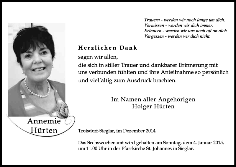  Traueranzeige für Annemie Hürten vom 20.12.2014 aus Kölner Stadt-Anzeiger / Kölnische Rundschau / Express