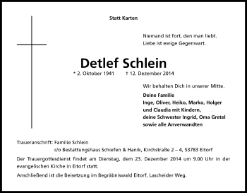 Anzeige von Detlef Schlein von Kölner Stadt-Anzeiger / Kölnische Rundschau / Express