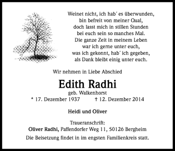 Anzeige von Edith Radhi von Kölner Stadt-Anzeiger / Kölnische Rundschau / Express