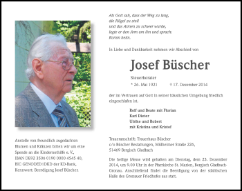 Anzeige von Josef Büscher von Kölner Stadt-Anzeiger / Kölnische Rundschau / Express
