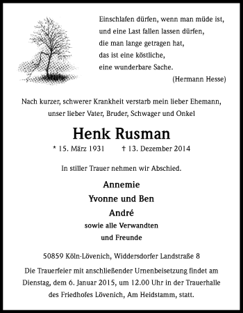 Anzeige von Henk Rusman von Kölner Stadt-Anzeiger / Kölnische Rundschau / Express