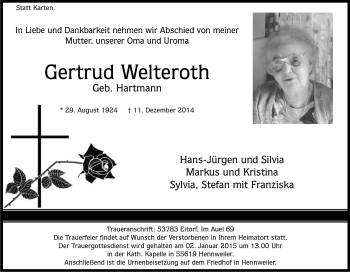 Anzeige von Gertrud Welteroth von Kölner Stadt-Anzeiger / Kölnische Rundschau / Express