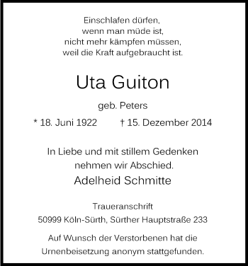 Anzeige von Uta Guiton von Kölner Stadt-Anzeiger / Kölnische Rundschau / Express