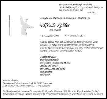 Anzeige von Elfriede Köhler von Kölner Stadt-Anzeiger / Kölnische Rundschau / Express