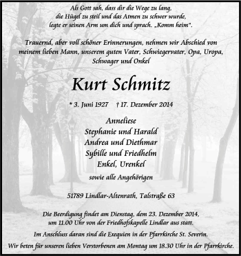 Anzeige von Kurt Schmitz von Kölner Stadt-Anzeiger / Kölnische Rundschau / Express