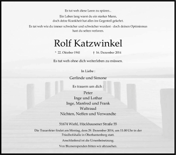 Anzeige von Rolf Katzwinkel von Kölner Stadt-Anzeiger / Kölnische Rundschau / Express