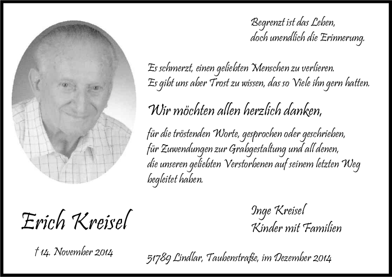  Traueranzeige für Erich Kreisel vom 27.12.2014 aus Kölner Stadt-Anzeiger / Kölnische Rundschau / Express