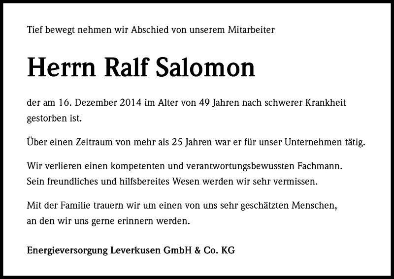  Traueranzeige für Ralf Salomon vom 20.12.2014 aus Kölner Stadt-Anzeiger / Kölnische Rundschau / Express