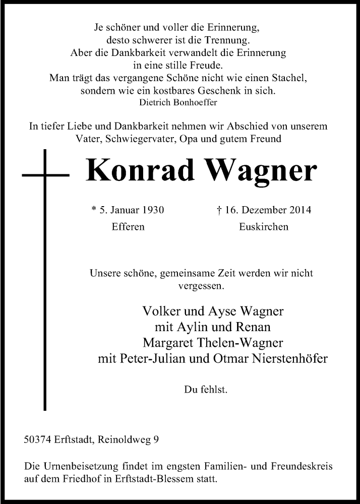  Traueranzeige für Konrad Wagner vom 20.12.2014 aus Kölner Stadt-Anzeiger / Kölnische Rundschau / Express