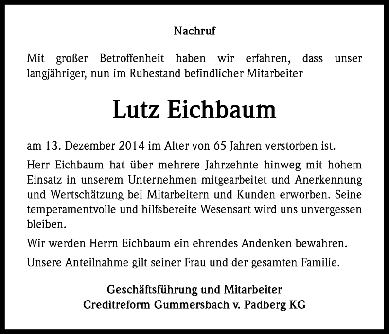  Traueranzeige für Lutz Eichbaum vom 20.12.2014 aus Kölner Stadt-Anzeiger / Kölnische Rundschau / Express