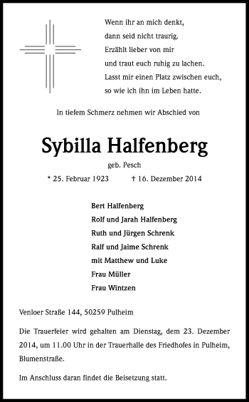 Anzeige von Sybilla Halfenberg von Kölner Stadt-Anzeiger / Kölnische Rundschau / Express