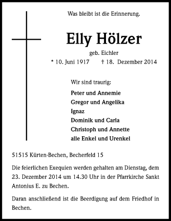 Anzeige von Elly Hölzer von Kölner Stadt-Anzeiger / Kölnische Rundschau / Express