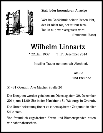 Anzeige von Wilhelm Linnartz von Kölner Stadt-Anzeiger / Kölnische Rundschau / Express
