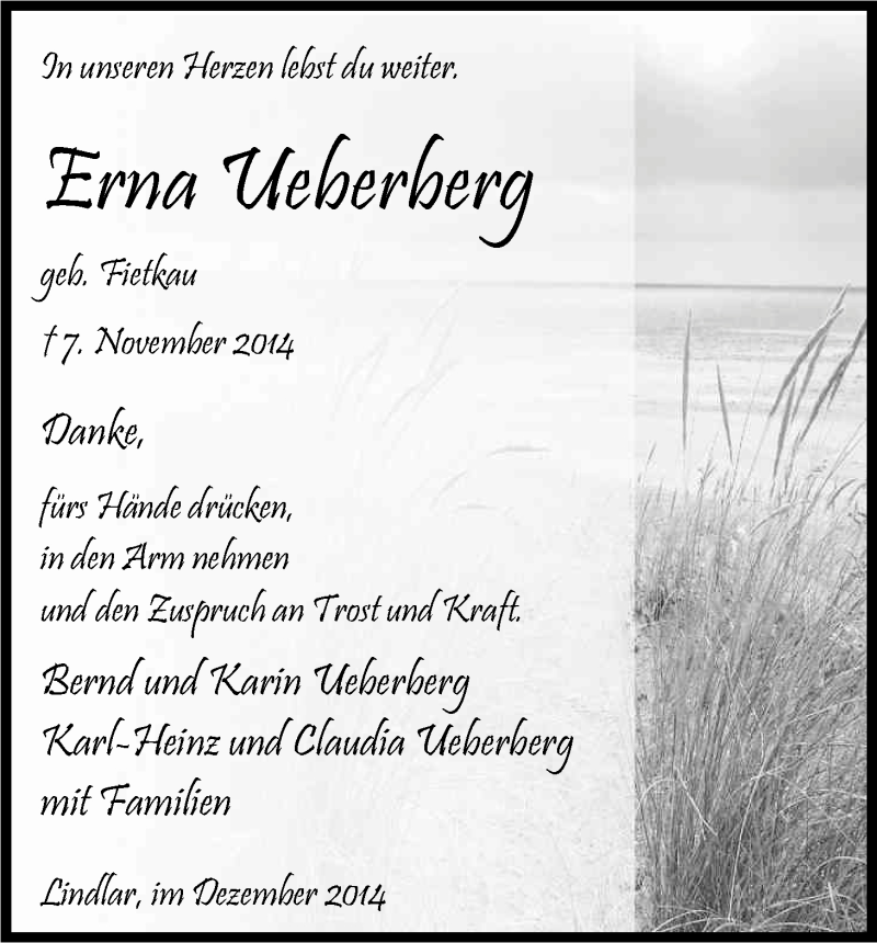  Traueranzeige für Erna Ueberberg vom 20.12.2014 aus Kölner Stadt-Anzeiger / Kölnische Rundschau / Express