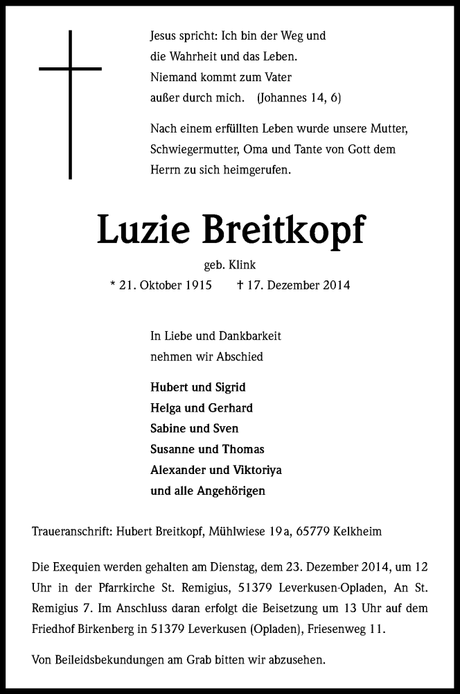  Traueranzeige für Luzie Breitkopf vom 20.12.2014 aus Kölner Stadt-Anzeiger / Kölnische Rundschau / Express