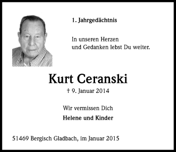 Anzeige von Kurt Ceranski von Kölner Stadt-Anzeiger / Kölnische Rundschau / Express