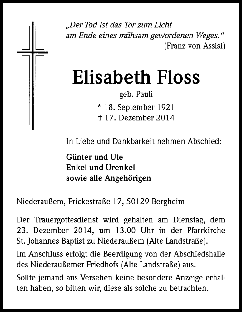  Traueranzeige für Elisabeth Floss vom 20.12.2014 aus Kölner Stadt-Anzeiger / Kölnische Rundschau / Express