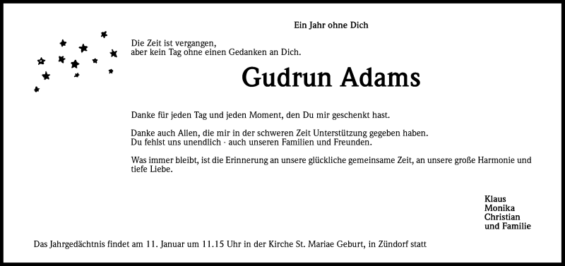  Traueranzeige für Gudrun Adams vom 10.01.2015 aus Kölner Stadt-Anzeiger / Kölnische Rundschau / Express