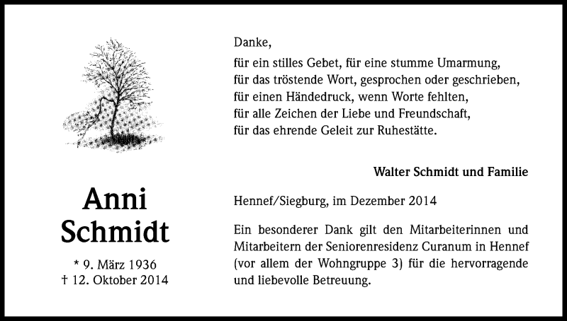  Traueranzeige für Anni Schmidt vom 20.12.2014 aus Kölner Stadt-Anzeiger / Kölnische Rundschau / Express