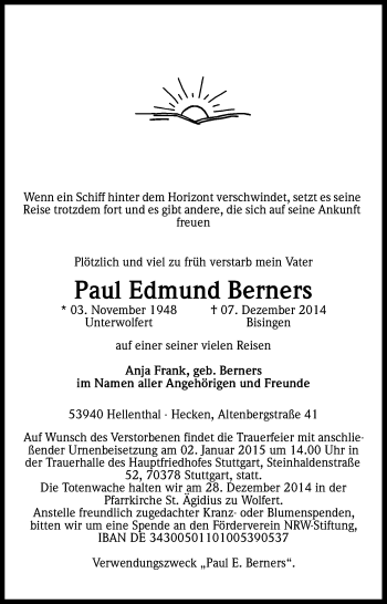 Anzeige von Paul Edmund Berners von Kölner Stadt-Anzeiger / Kölnische Rundschau / Express