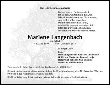 Anzeige von Marlene Langenbach von Kölner Stadt-Anzeiger / Kölnische Rundschau / Express
