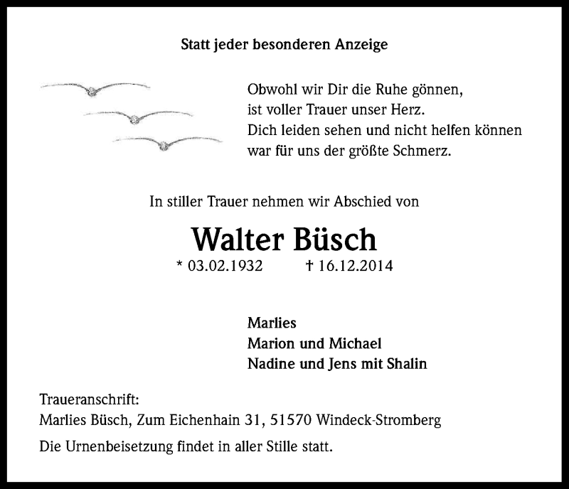  Traueranzeige für Walter Büsch vom 20.12.2014 aus Kölner Stadt-Anzeiger / Kölnische Rundschau / Express