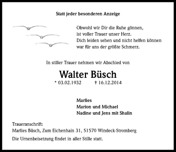 Anzeige von Walter Büsch von Kölner Stadt-Anzeiger / Kölnische Rundschau / Express