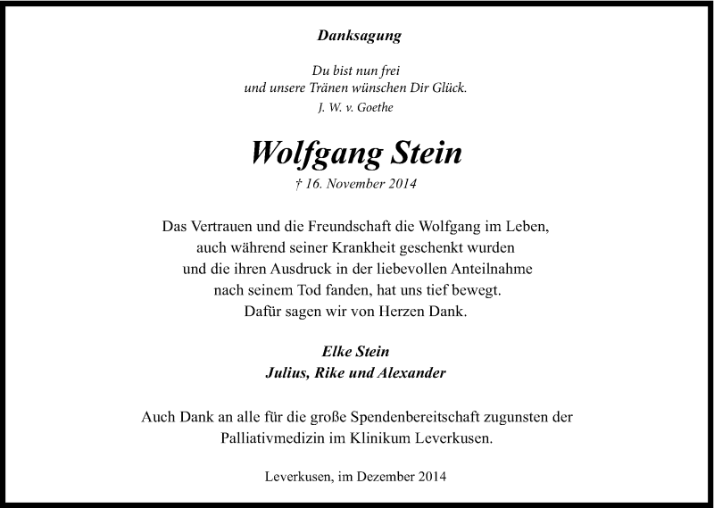  Traueranzeige für Wolfgang Stein vom 20.12.2014 aus Kölner Stadt-Anzeiger / Kölnische Rundschau / Express