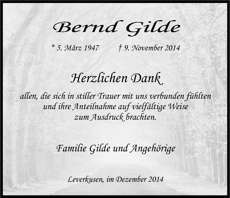  Traueranzeige für Bernd Gilde vom 20.12.2014 aus Kölner Stadt-Anzeiger / Kölnische Rundschau / Express
