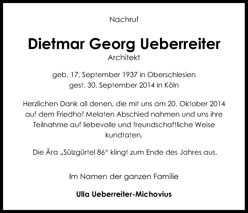  Traueranzeige für Dietmar Georg Ueberreiter vom 27.12.2014 aus Kölner Stadt-Anzeiger / Kölnische Rundschau / Express