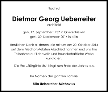 Anzeige von Dietmar Georg Ueberreiter von Kölner Stadt-Anzeiger / Kölnische Rundschau / Express