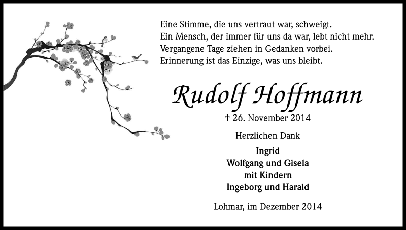  Traueranzeige für Rudolf Hoffmann vom 20.12.2014 aus Kölner Stadt-Anzeiger / Kölnische Rundschau / Express