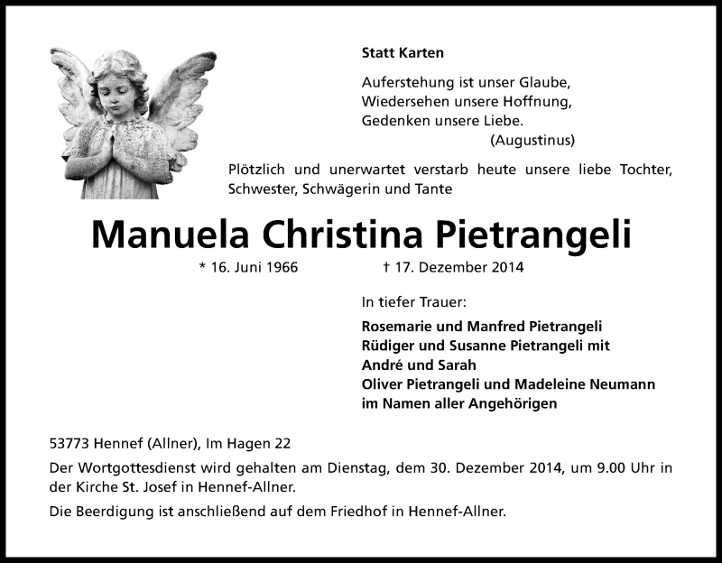  Traueranzeige für Manuela Christina Pietrangeli vom 20.12.2014 aus Kölner Stadt-Anzeiger / Kölnische Rundschau / Express