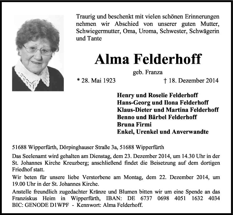  Traueranzeige für Alma Felderhoff vom 20.12.2014 aus Kölner Stadt-Anzeiger / Kölnische Rundschau / Express