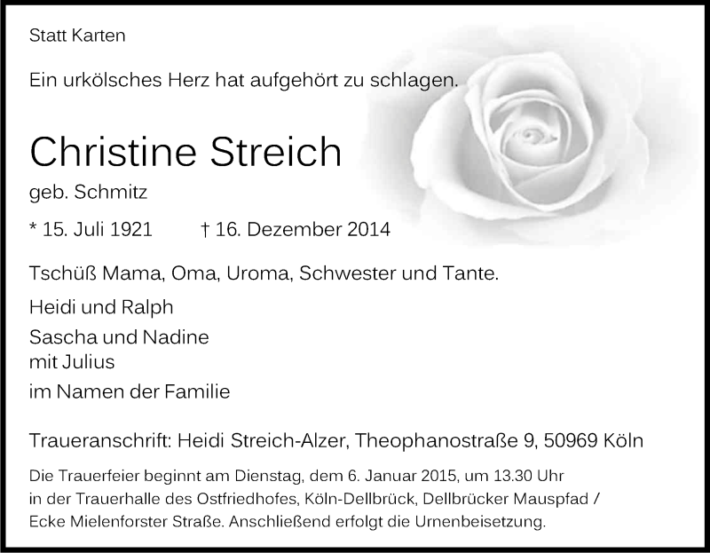  Traueranzeige für Christine Streich vom 27.12.2014 aus Kölner Stadt-Anzeiger / Kölnische Rundschau / Express