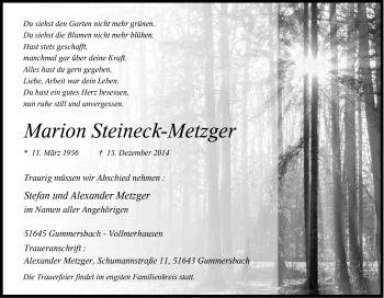 Anzeige von Marion Steineck-Metzger von Kölner Stadt-Anzeiger / Kölnische Rundschau / Express