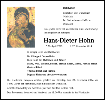 Anzeige von Hans-Dieter Hohn von Kölner Stadt-Anzeiger / Kölnische Rundschau / Express