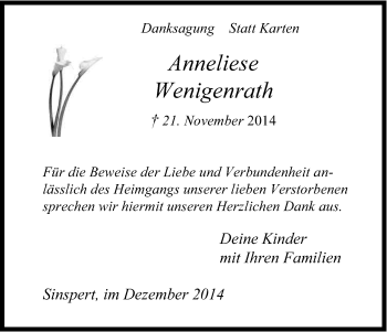 Anzeige von Anneliese Wenigrath von Kölner Stadt-Anzeiger / Kölnische Rundschau / Express