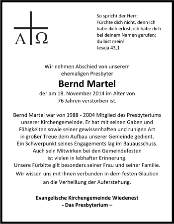 Anzeige von Bernd Martel von Kölner Stadt-Anzeiger / Kölnische Rundschau / Express
