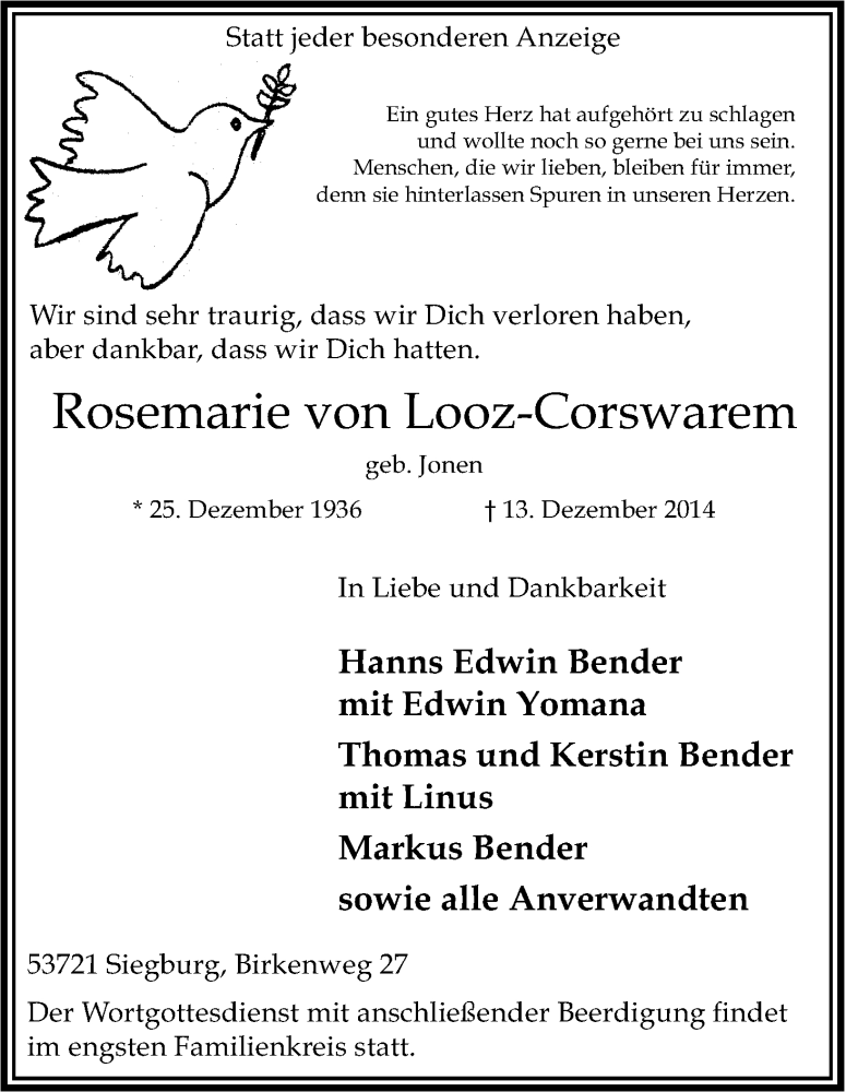  Traueranzeige für Rosemarie von Looz-Corswarem vom 20.12.2014 aus Kölner Stadt-Anzeiger / Kölnische Rundschau / Express