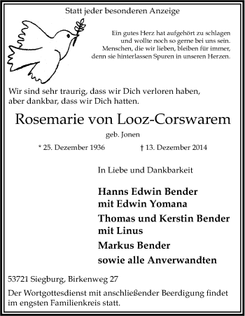 Anzeige von Rosemarie von Looz-Corswarem von Kölner Stadt-Anzeiger / Kölnische Rundschau / Express