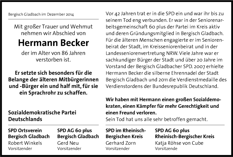  Traueranzeige für Hermann Becker vom 20.12.2014 aus Kölner Stadt-Anzeiger / Kölnische Rundschau / Express
