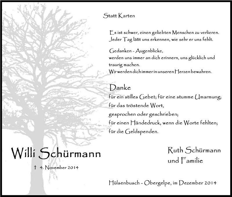  Traueranzeige für Willi Schürmann vom 20.12.2014 aus Kölner Stadt-Anzeiger / Kölnische Rundschau / Express