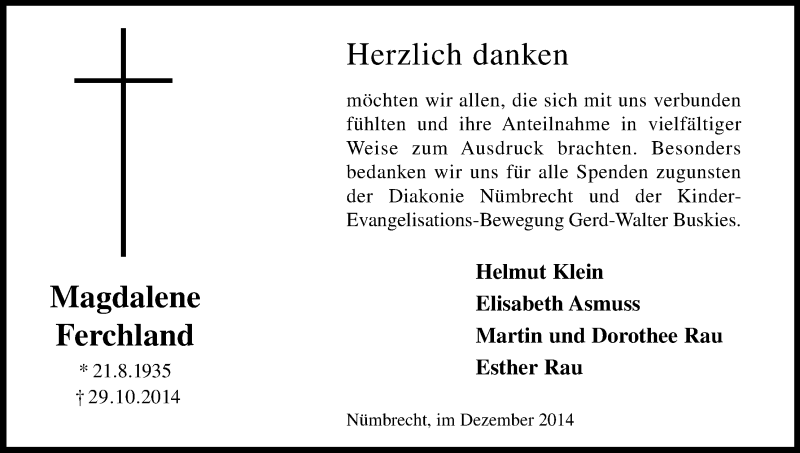  Traueranzeige für Magdalene Ferchland vom 27.12.2014 aus Kölner Stadt-Anzeiger / Kölnische Rundschau / Express